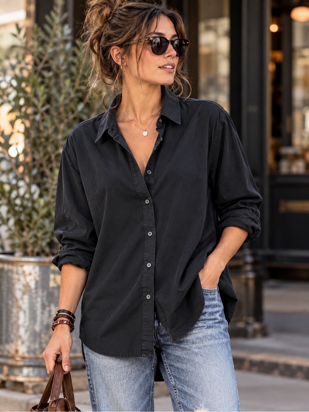 Uniqlo Button Up Women’s Size Medium Long Sleeve Black Relaxed Stretch Shirt